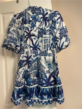 FARM Rio Blue and White Tropical Printed Puff-Sleeve Mini Dress